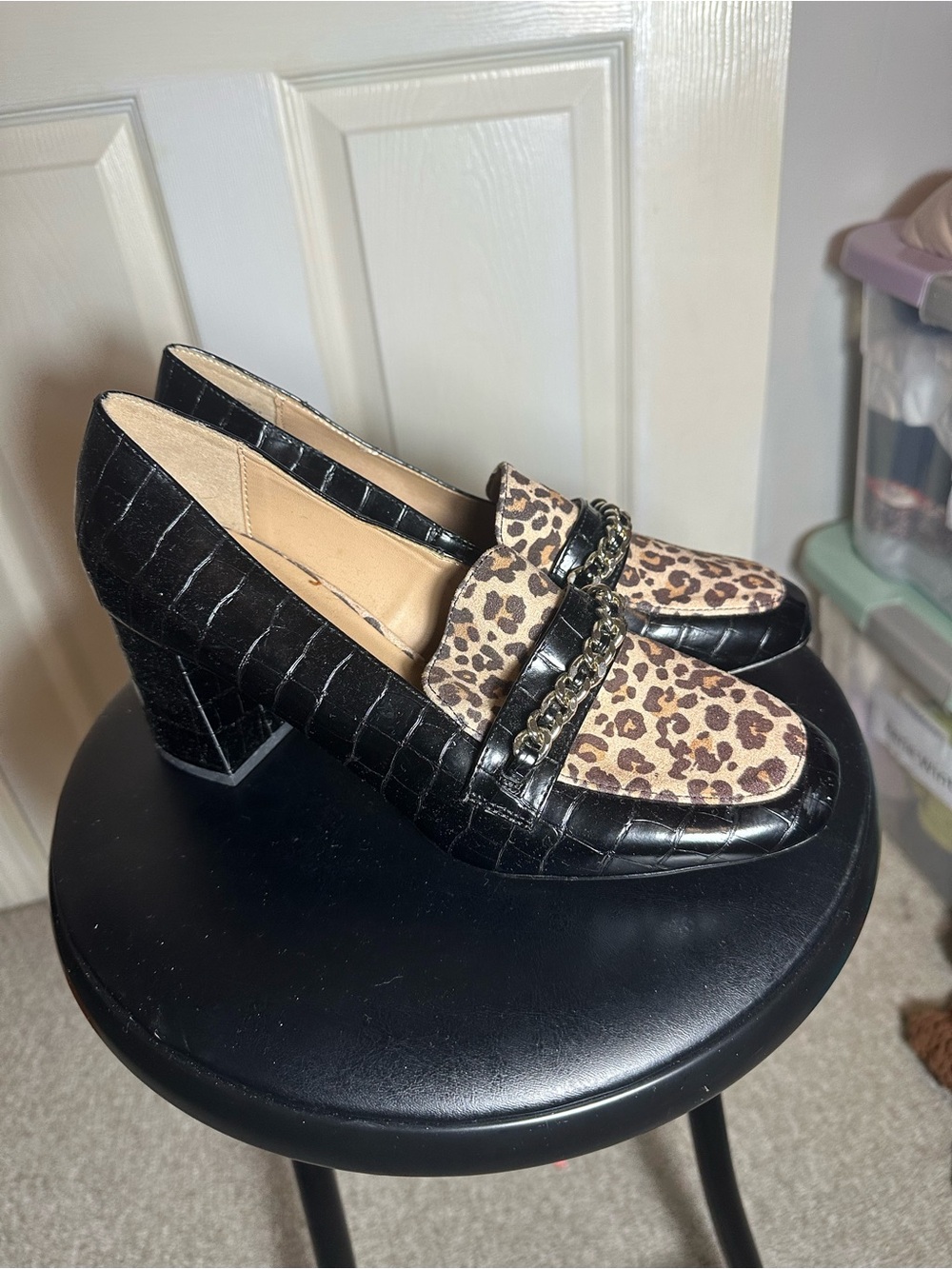 crown & ivy Black Croc-Embossed Block Heels with Leopard Accent